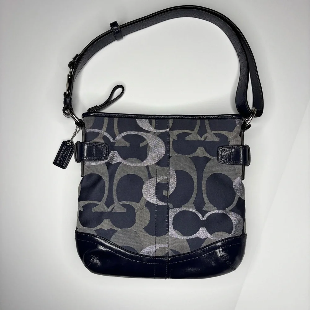 Coach Shoulder Bag Purse Moto Optic Metallic Chain Navy Blue Signature Jaquard